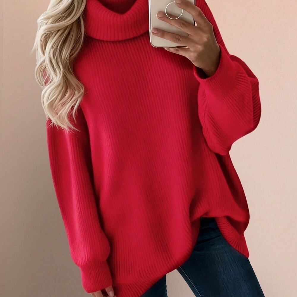Red Casual Women's Minimalist Knitted Turtleneck Sweater
